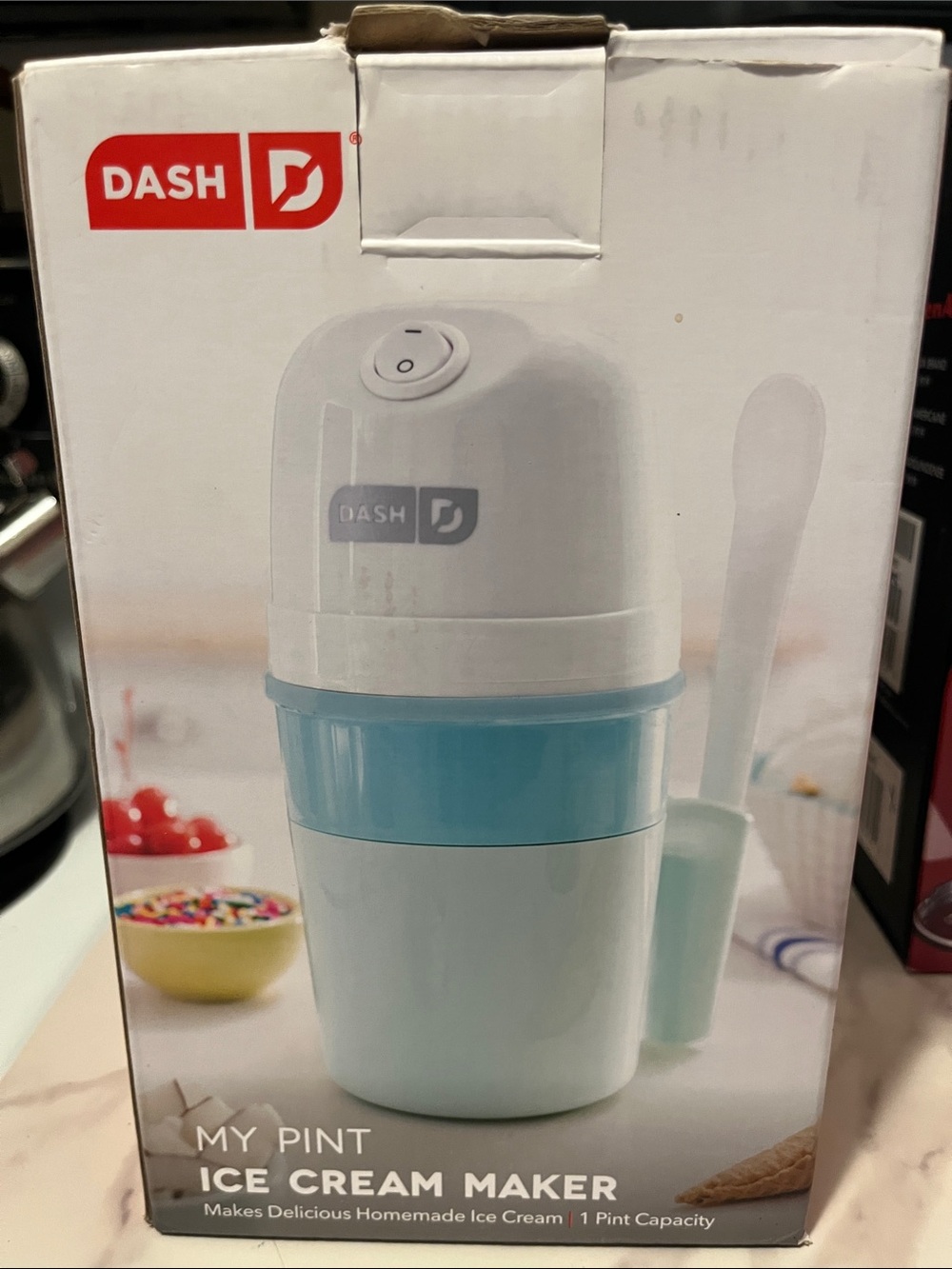 Dash White & Light Blue Compact Ice Cream Maker. New in box- never used!